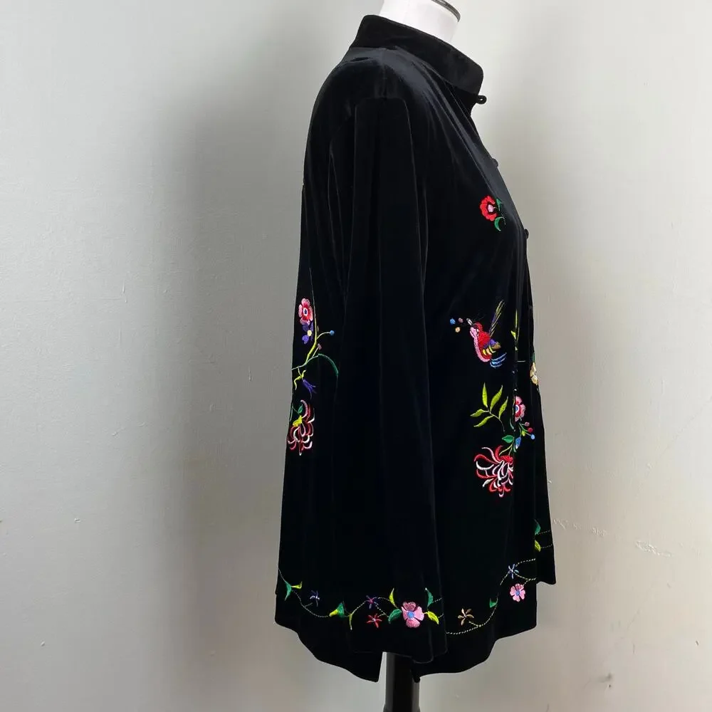 Susan Graver Black Velour Floral Embroidered Button Down Top Kimono Jacket Small - Picture 6 of 10